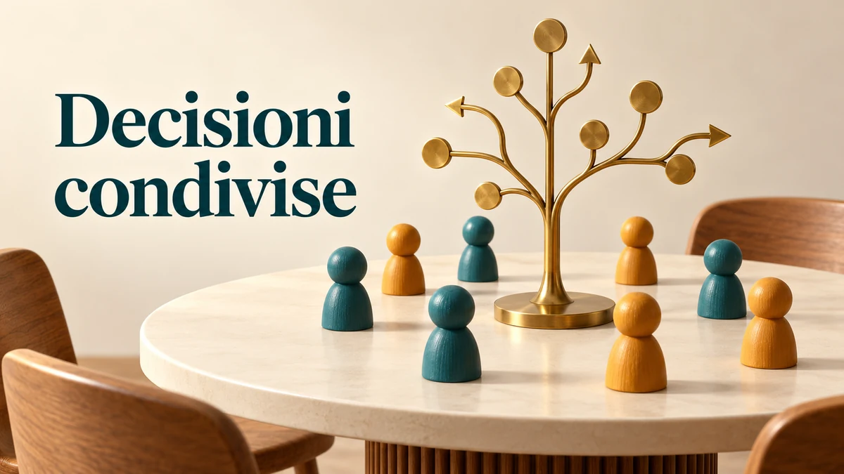 Illustrazione editoriale tridimensionale sul tema decisioni condivise, con il testo «Decisioni condivise».