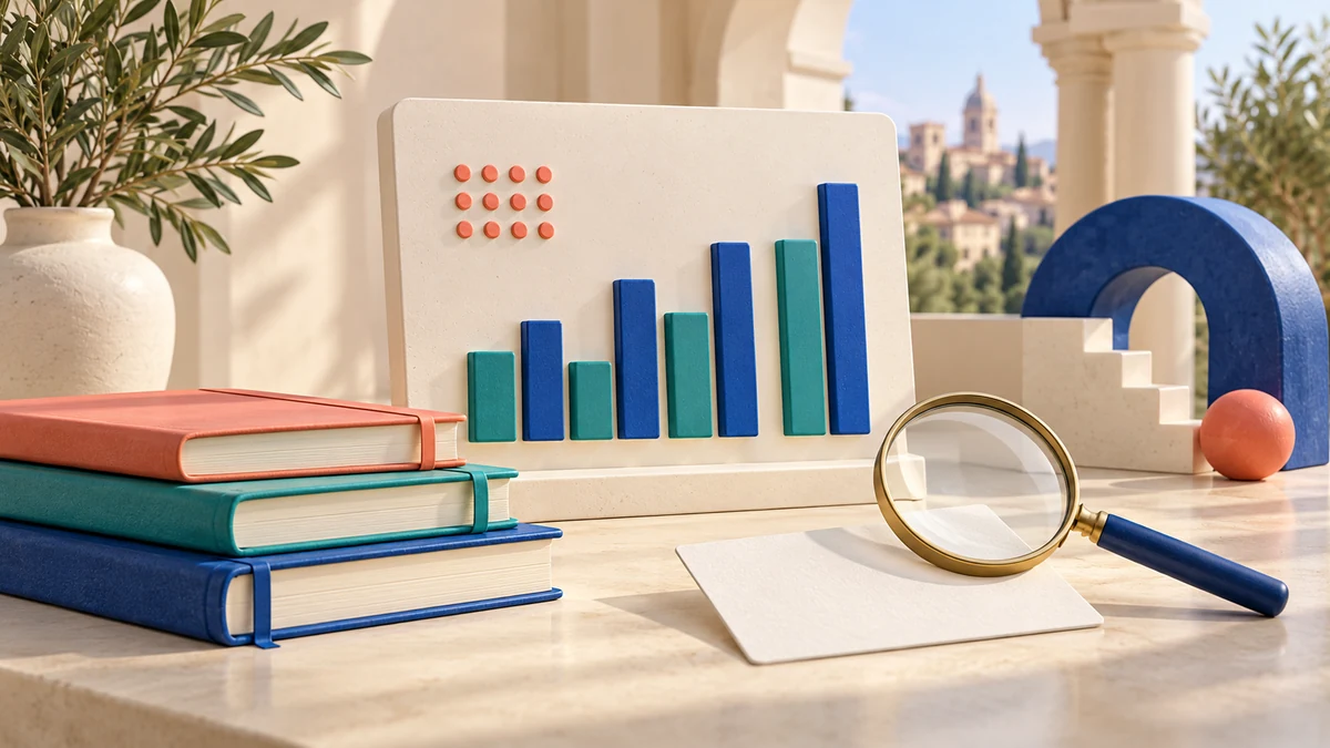 Cruscotto con grafici e lente per analizzare apprendimenti e frequenza scolastica.
