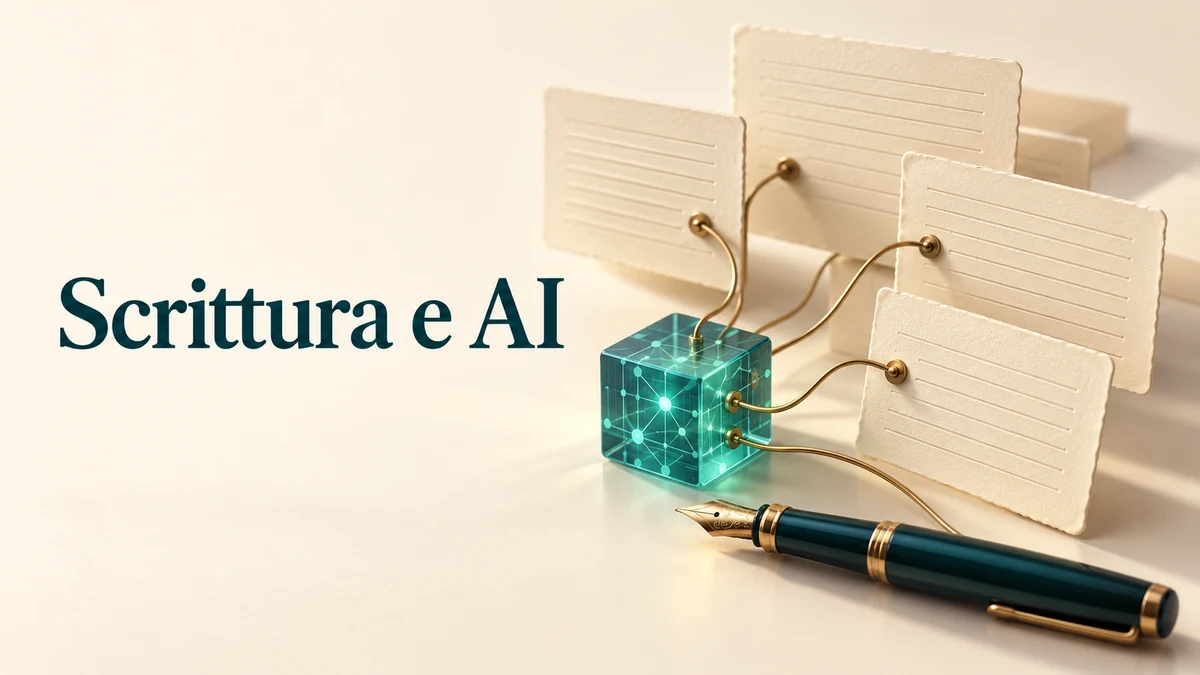 Illustrazione editoriale tridimensionale sul tema scrittura e ai, con il testo «Scrittura e AI».