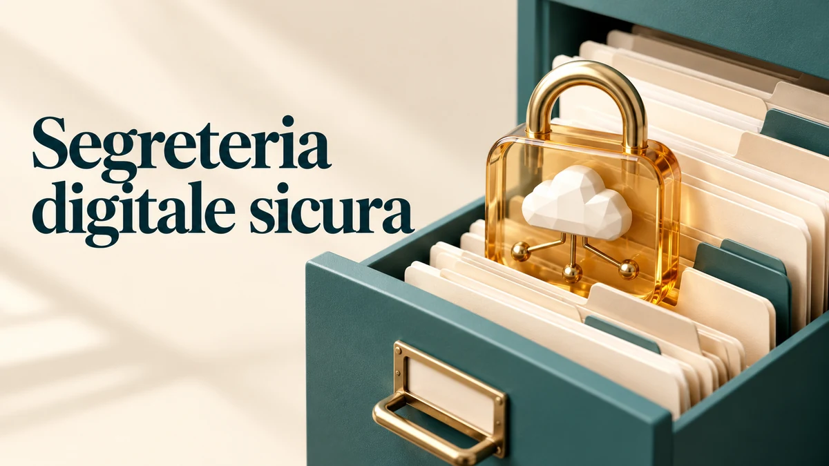 Illustrazione editoriale tridimensionale sul tema segreteria digitale sicura, con il testo «Segreteria digitale sicura».
