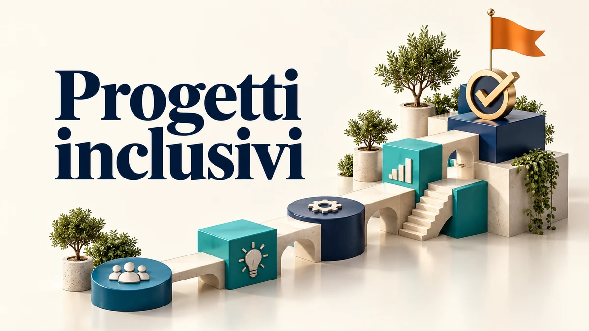 Illustrazione editoriale tridimensionale del tema progetti inclusivi, con testo «Progetti inclusivi».