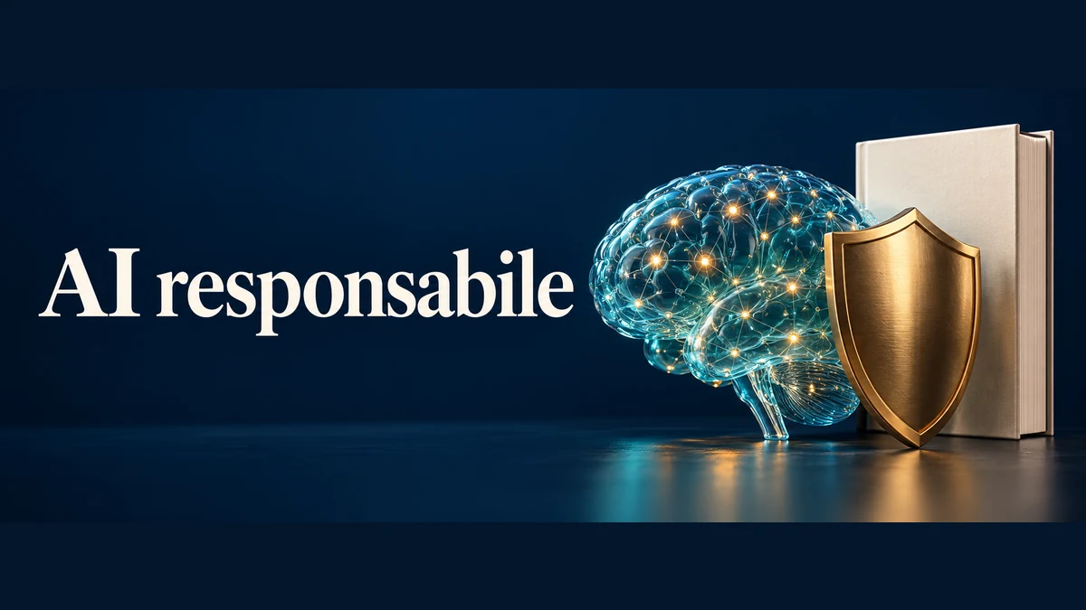 Illustrazione editoriale tridimensionale del tema ai responsabile, con testo «AI responsabile».