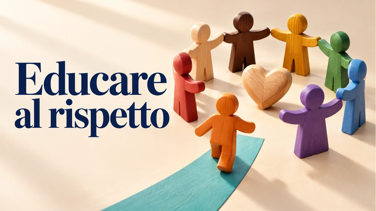 Illustrazione editoriale tridimensionale del tema educare al rispetto, con testo «Educare al rispetto».