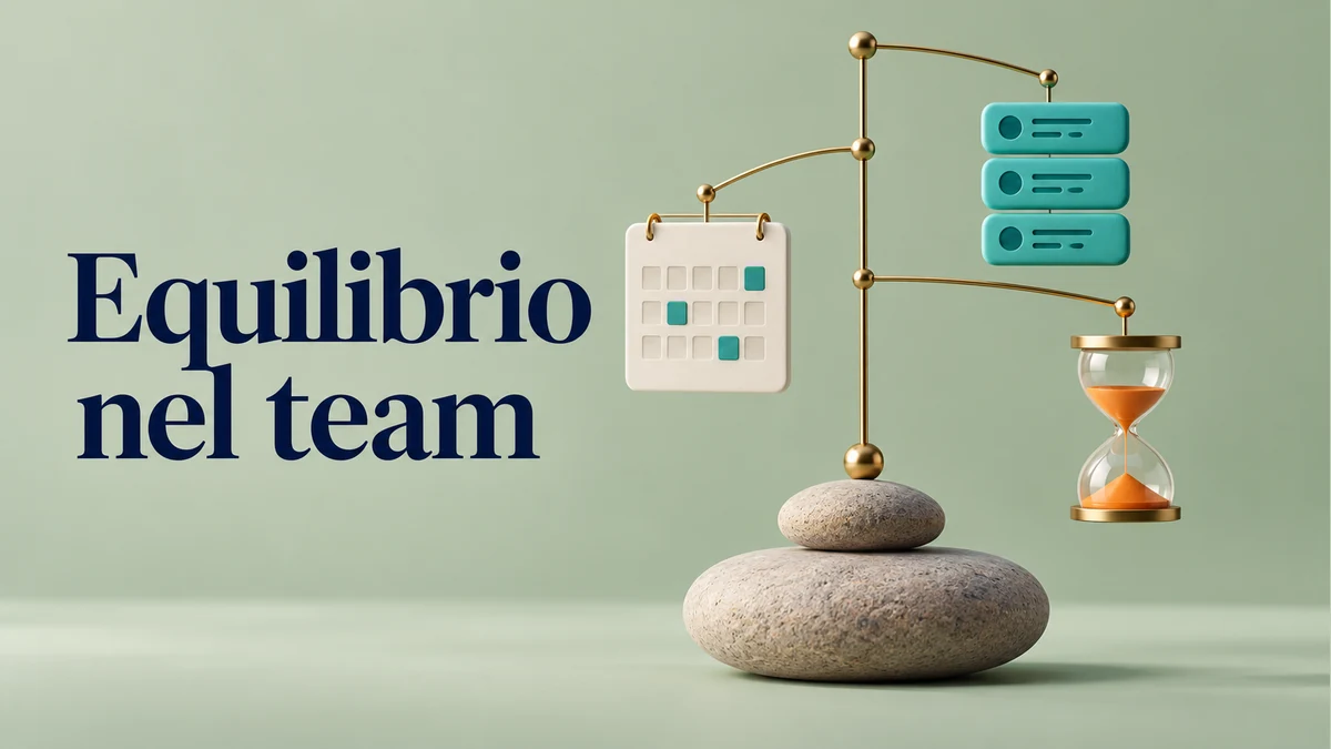 Illustrazione editoriale tridimensionale del tema equilibrio nel team, con testo «Equilibrio nel team».
